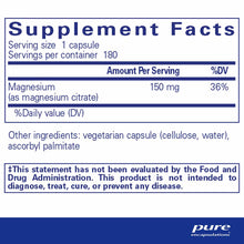 Supplement facts label for magnesium citrate capsules showing 150mg per serving, 180 servings per container, with ingredient 