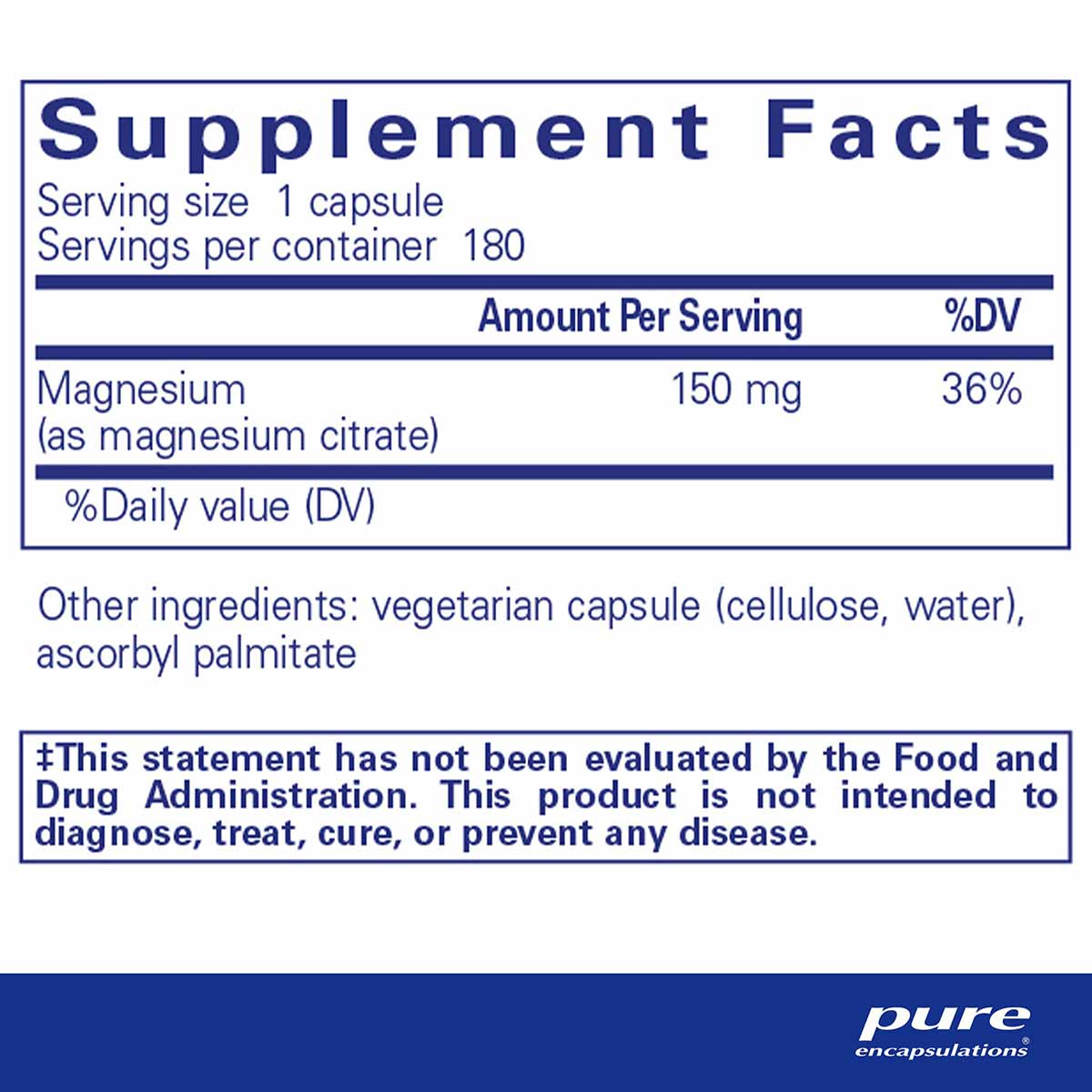 Supplement facts label for magnesium citrate capsules showing 150mg per serving, 180 servings per container, with ingredient 