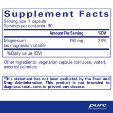 Supplement Facts label for Pure Encapsulations magnesium citrate showing 150 mg per capsule, 90 servings per container.