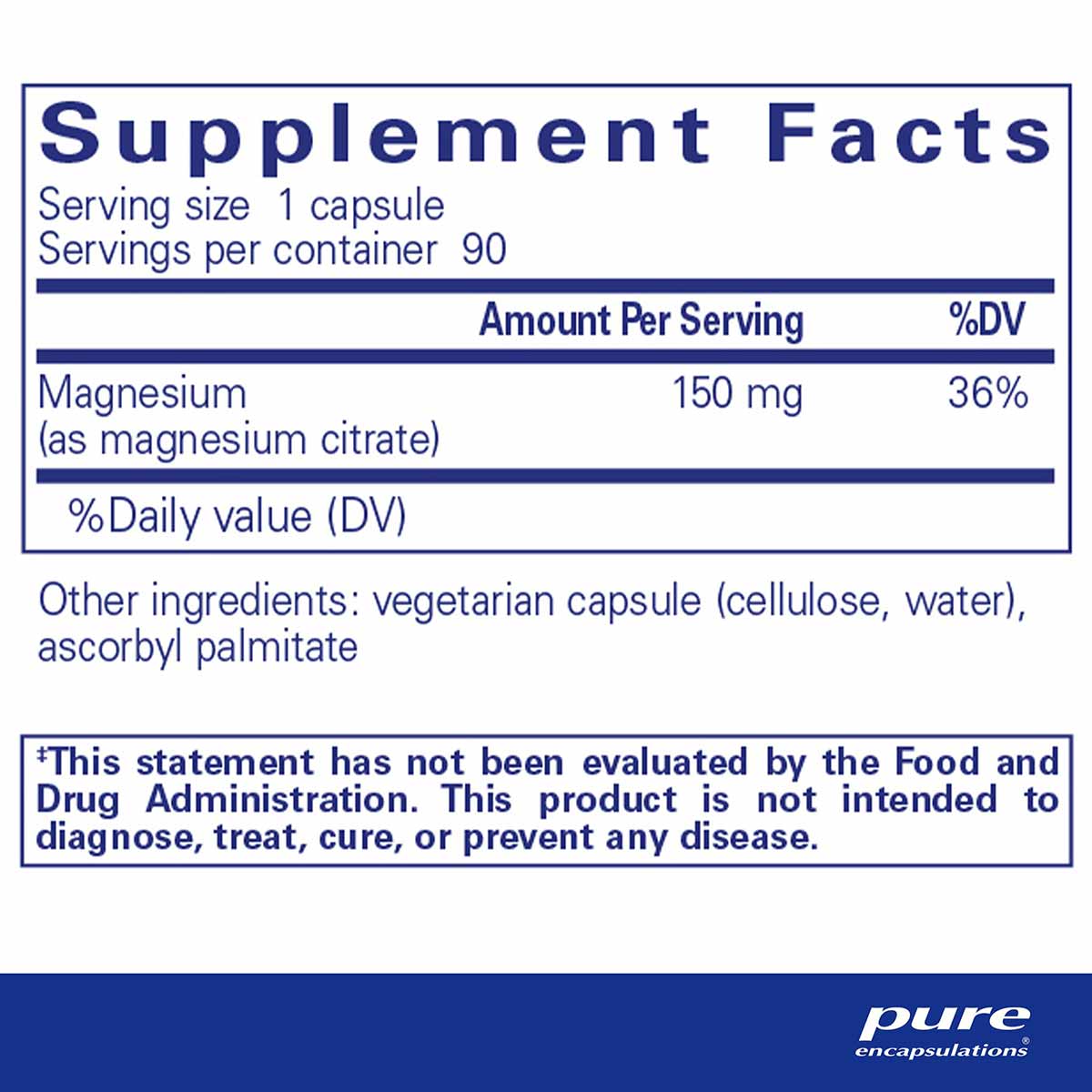 Supplement Facts label for Pure Encapsulations magnesium citrate showing 150 mg per capsule, 90 servings per container.