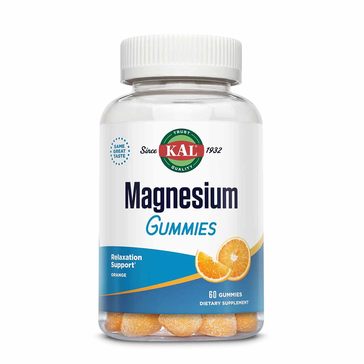 Bottle of Kal Magnesium Citrate Gummies with white cap containing orange-colored gummies.
