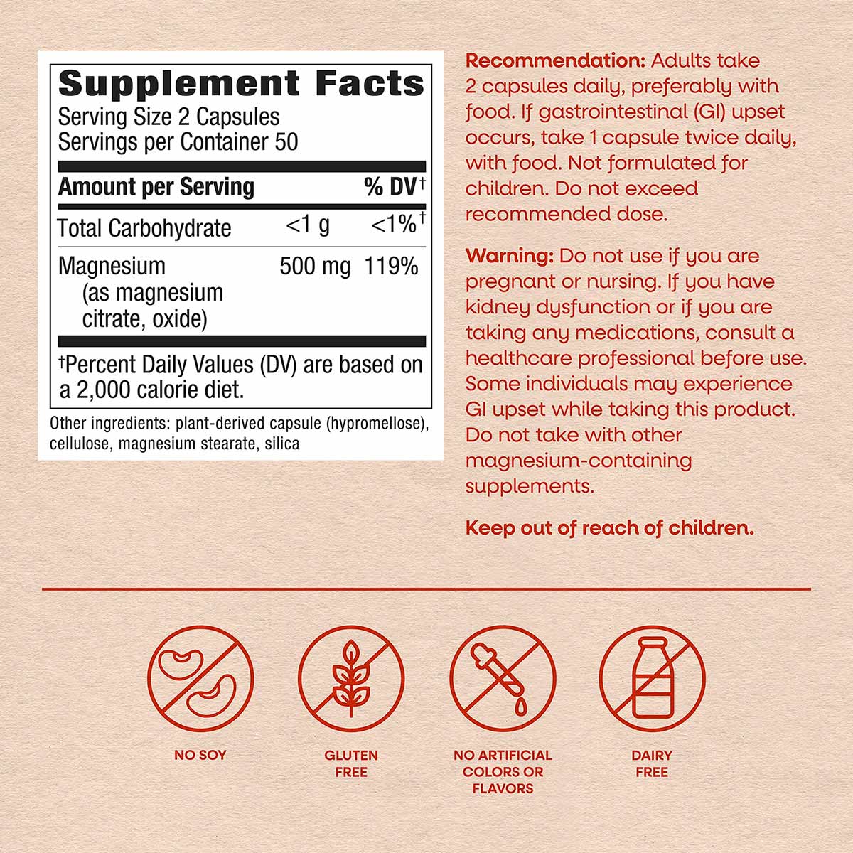 Supplement Facts label showing Magnesium Complex Citrate Blend with 500mg magnesium per serving and allergen-free icons.