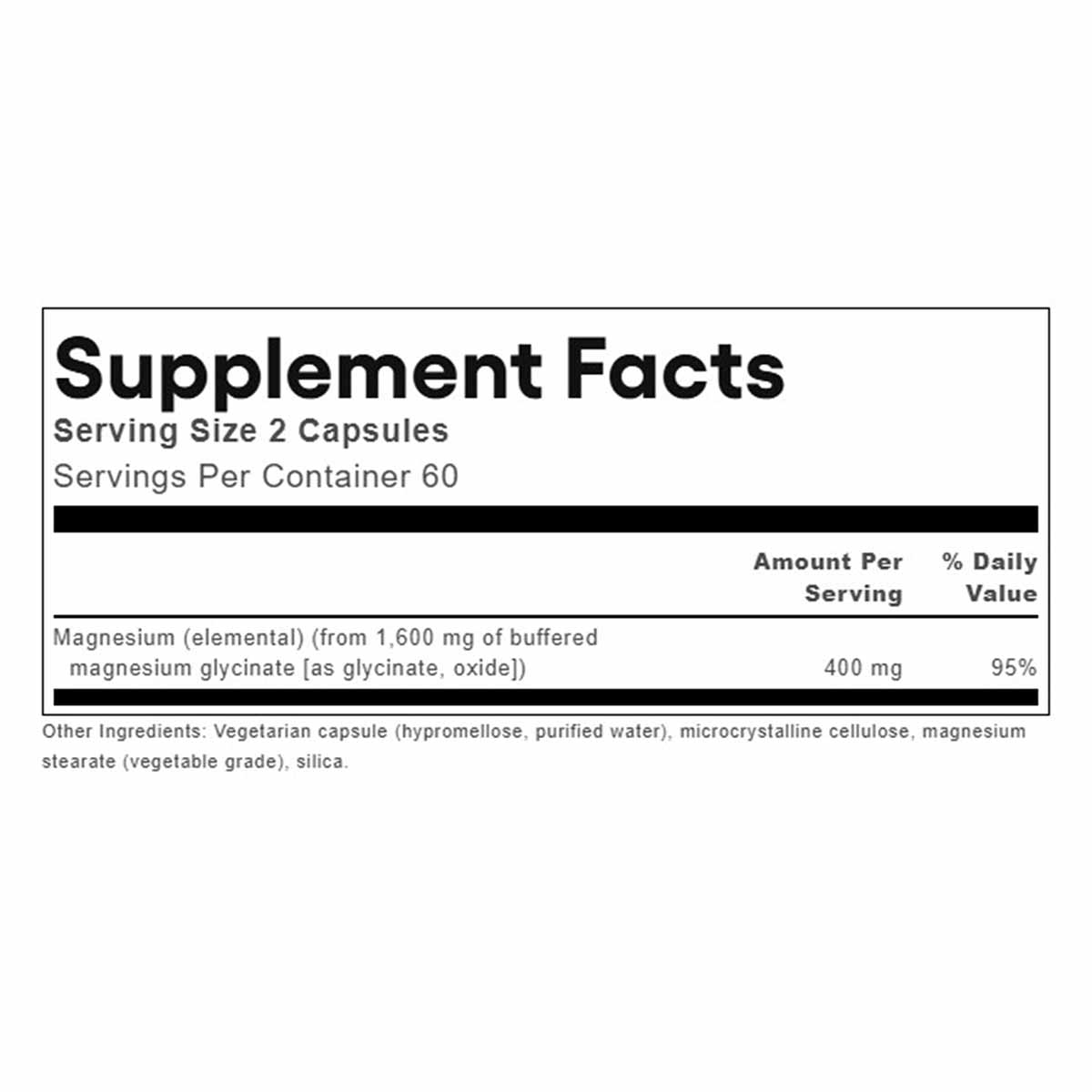 Supplement Facts label showing magnesium glycinate 400 mg per serving, 2 capsules, 60 servings per container.