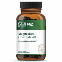 Gaia Herbs Pro Magnesium Glycinate 400 supplement bottle with black cap and dark capsules visible inside.