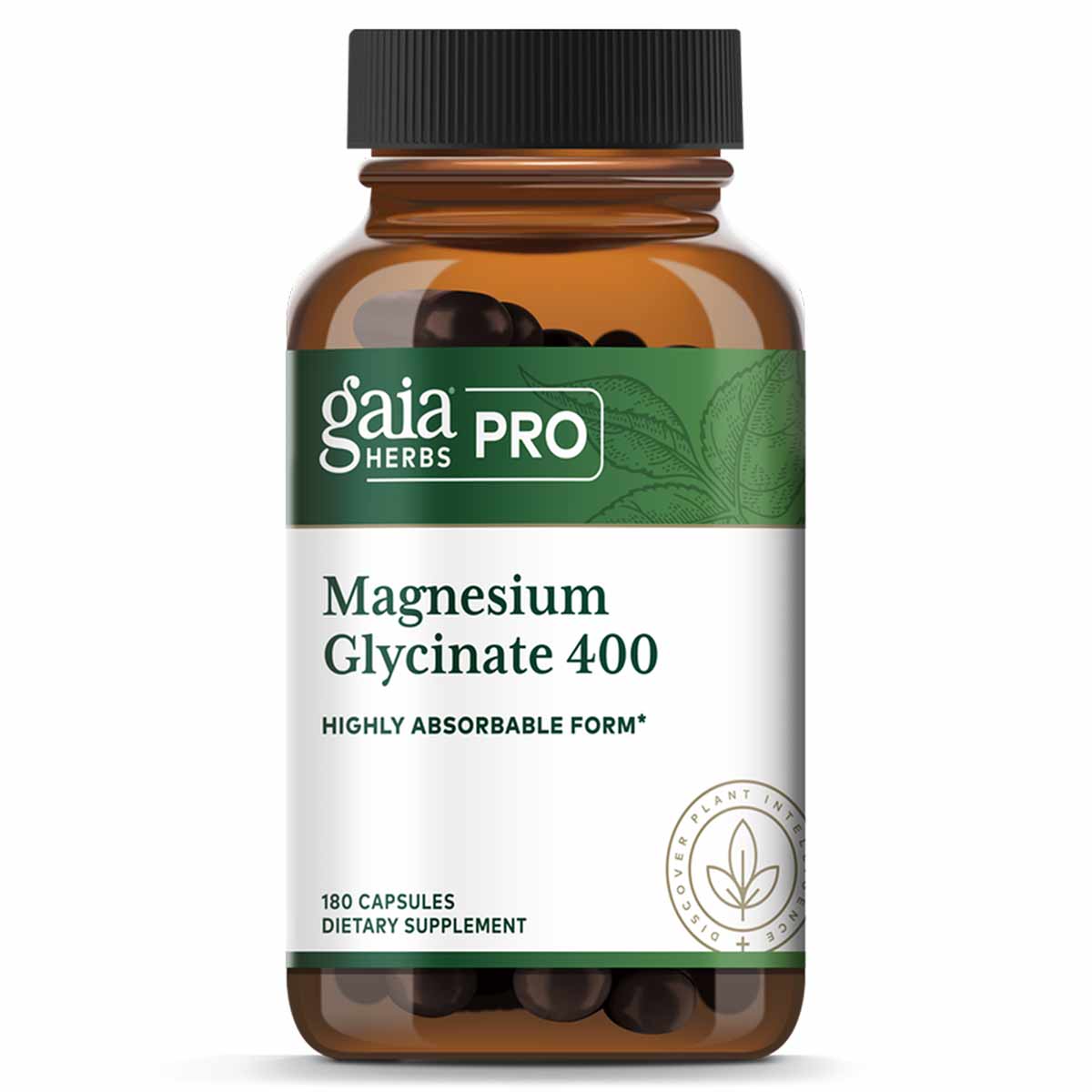 Gaia Herbs Pro Magnesium Glycinate 400 supplement bottle with black cap and dark capsules visible inside.
