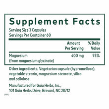 Supplement Facts label showing 400 mg magnesium glycinate per 3-capsule serving with 60 servings per container.
