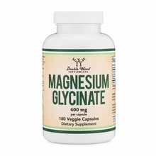 White bottle of Double Wood Supplements Magnesium Glycinate 400 mg dietary supplement with 180 veggie capsules.