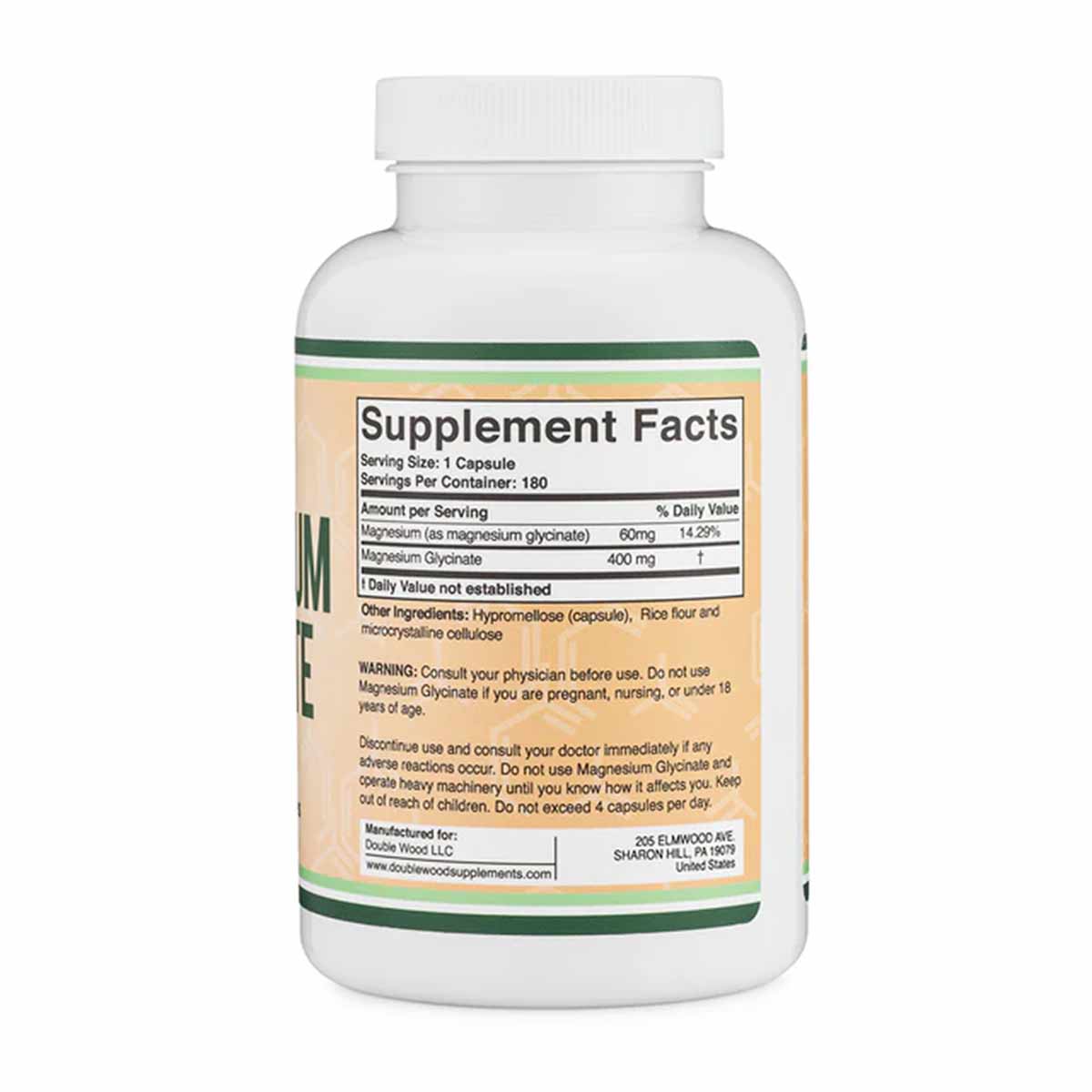 White plastic bottle with tan and green label containing Magnesium Glycinate supplement capsules with Supplement Facts panel 