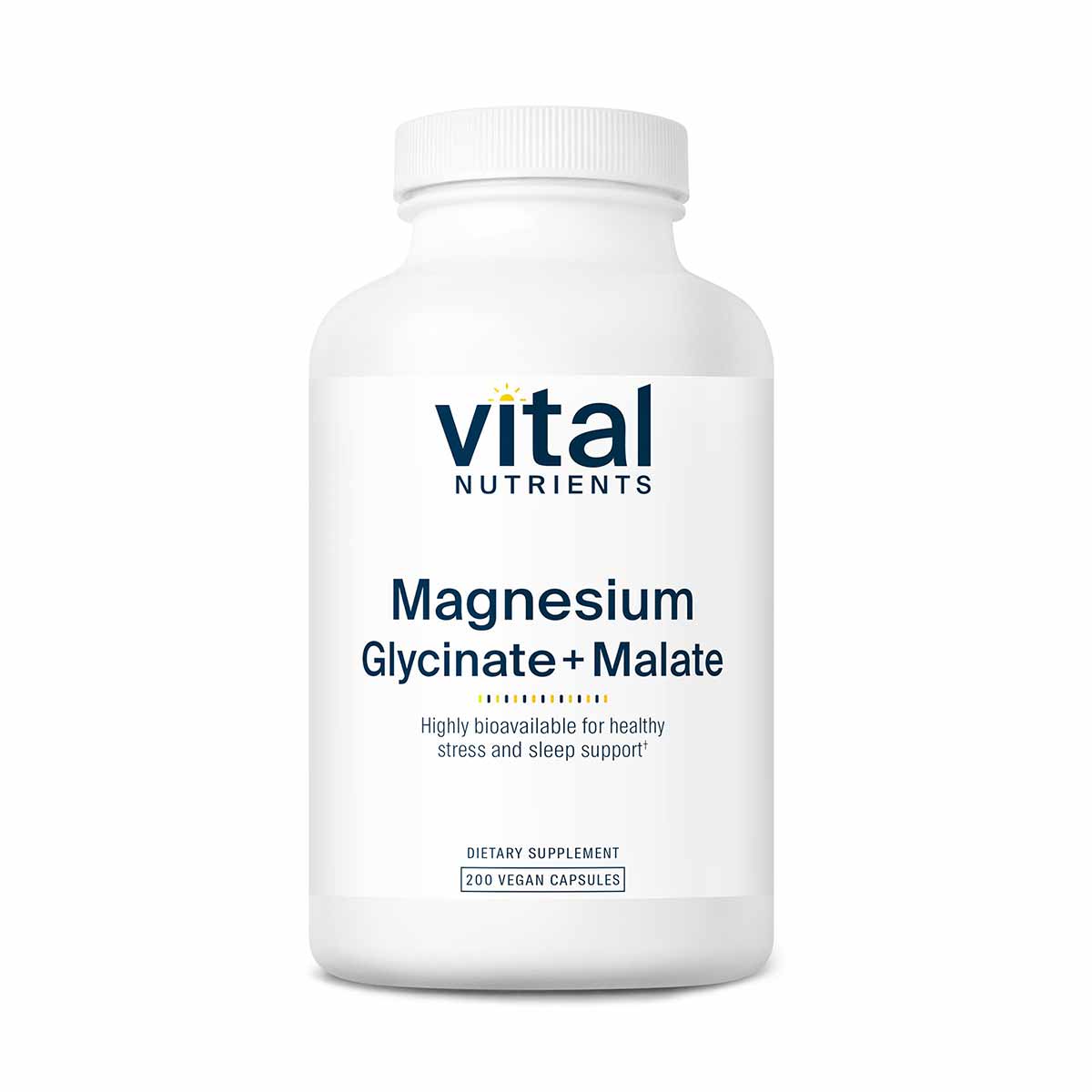 White plastic bottle of Vital Nutrients Magnesium Glycinate + Malate dietary supplement containing 200 vegan capsules.