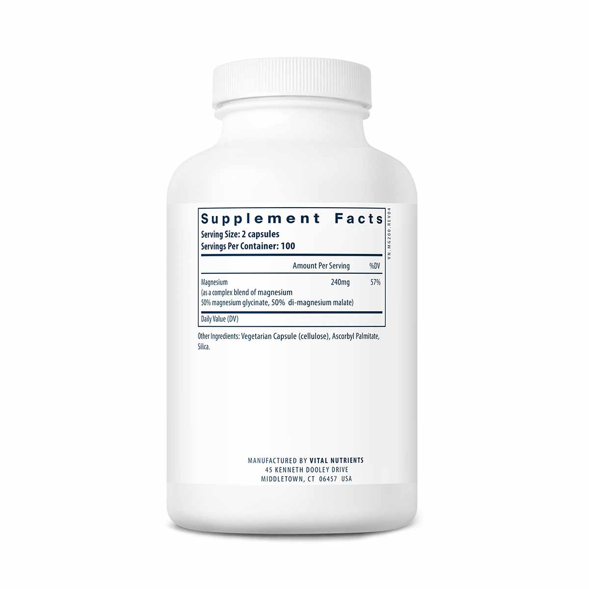 White bottle of Vital Nutrients magnesium glycinate and malate supplement capsules with white cap and supplement facts label.