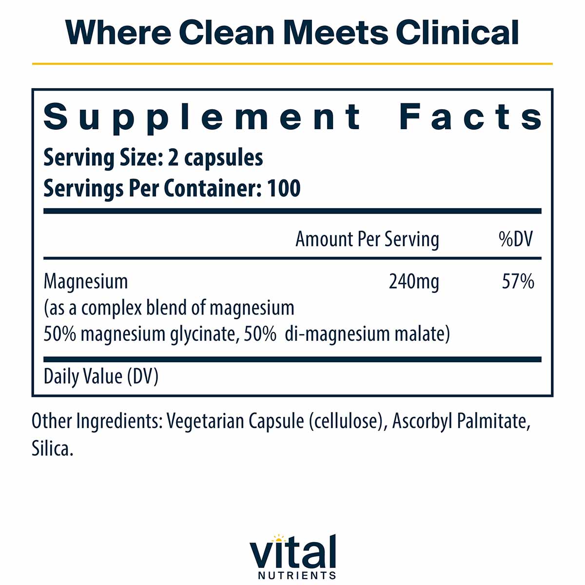 Supplement Facts label for Magnesium Glycinate + Malate capsules showing serving size, ingredients, and nutritional informati