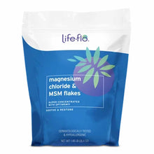 White and blue resealable pouch of Life Flo magnesium chloride and MSM flakes with purple and green flower design.
