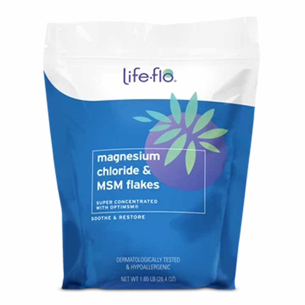 White and blue resealable pouch of Life Flo magnesium chloride and MSM flakes with purple and green flower design.