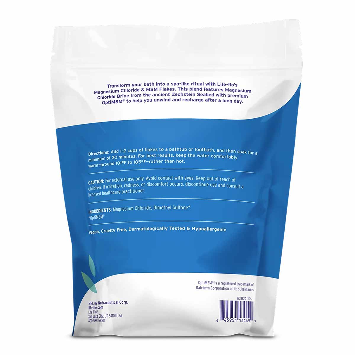 White and blue resealable pouch of Life Flo magnesium and OptiMSM bath flakes with product information and usage directions o