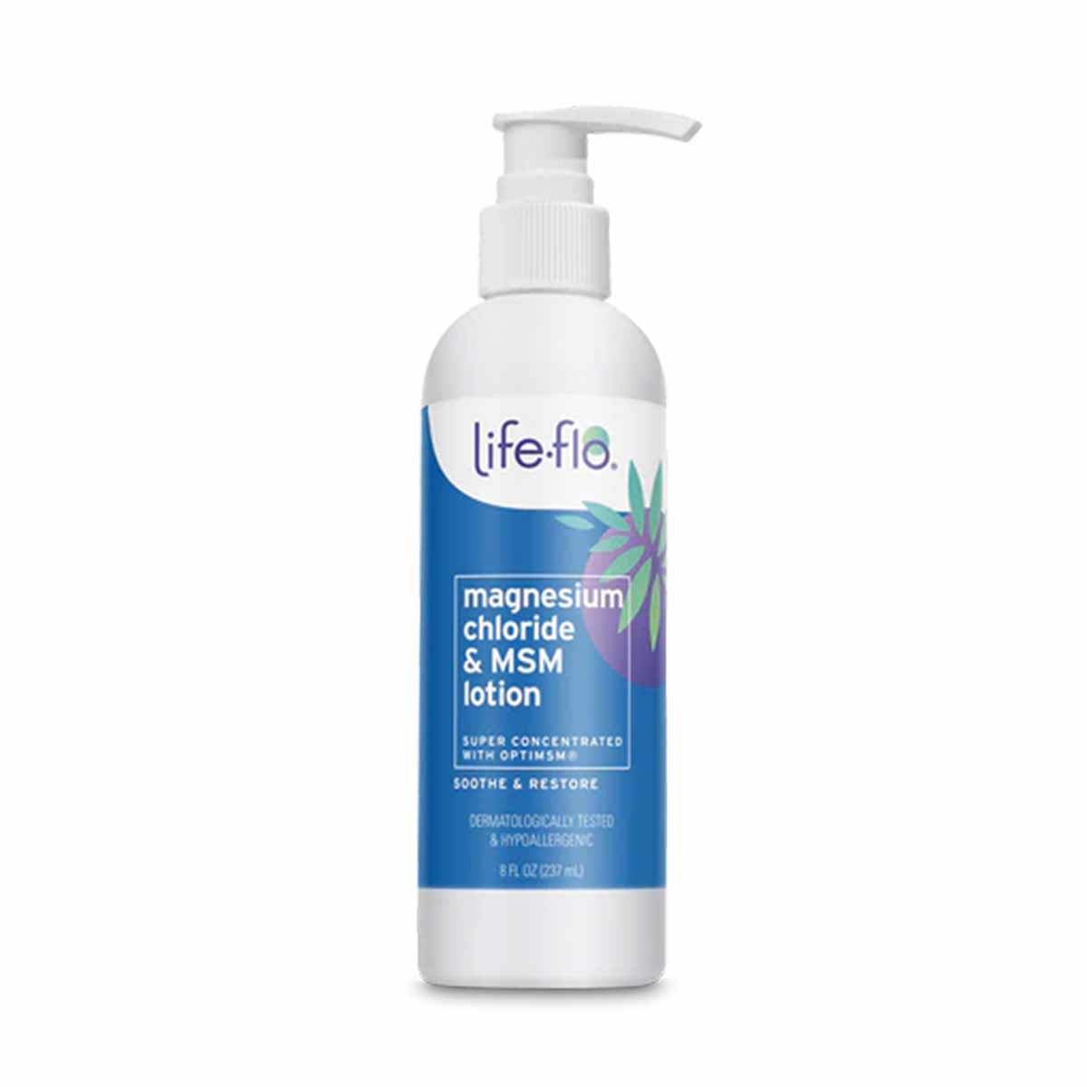 White pump bottle of Life-Flo magnesium chloride and MSM lotion with blue label and purple flower graphic.