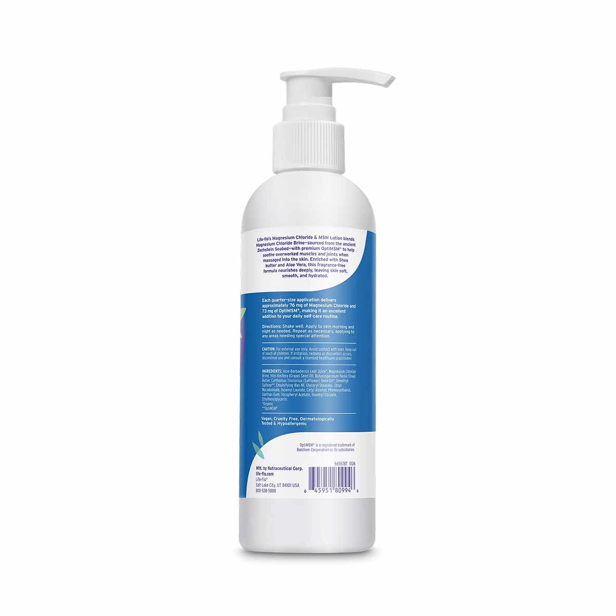 White pump bottle of lotion with blue label and product information printed on back.