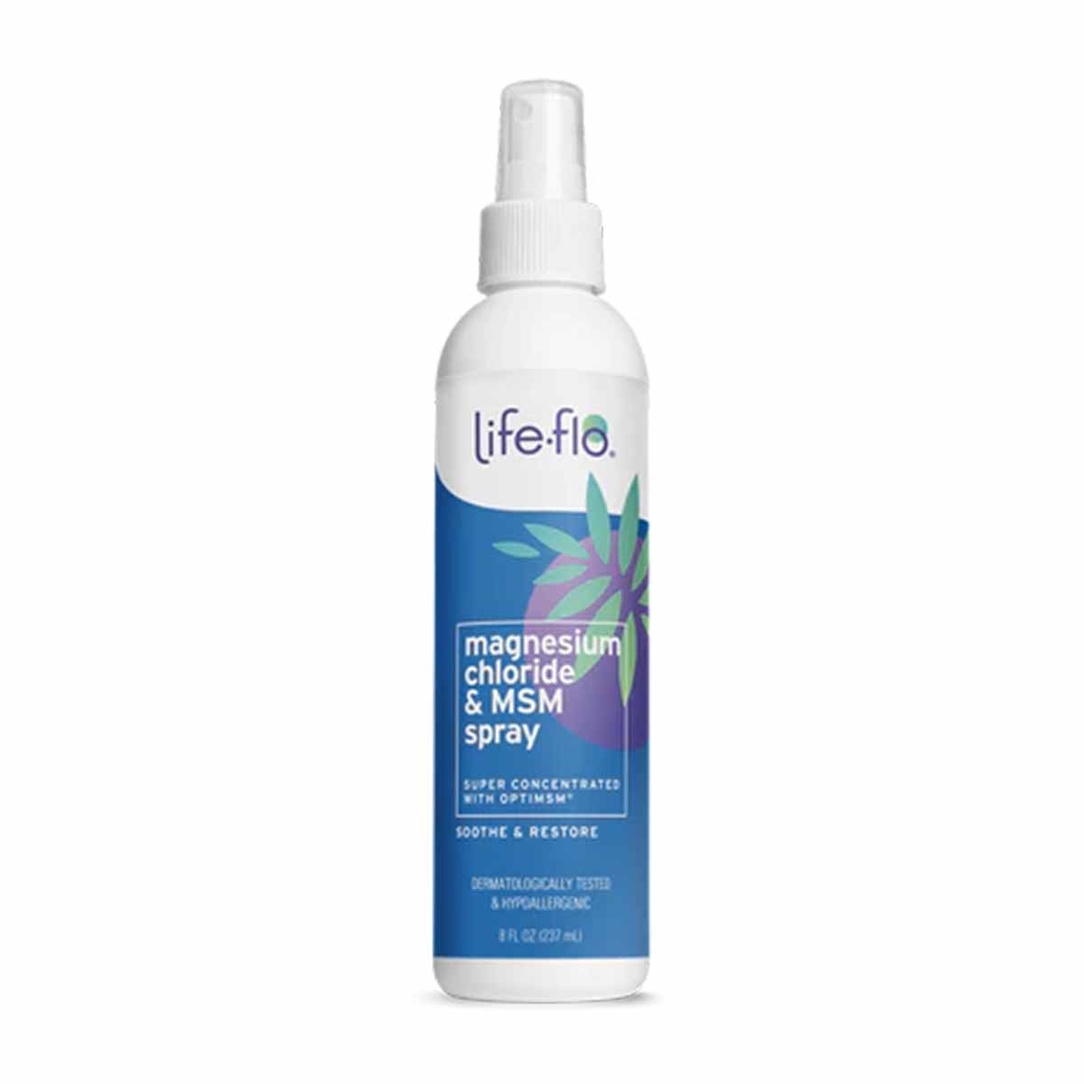 Life Flo magnesium chloride and MSM spray bottle with white pump nozzle and blue label with purple botanical design.