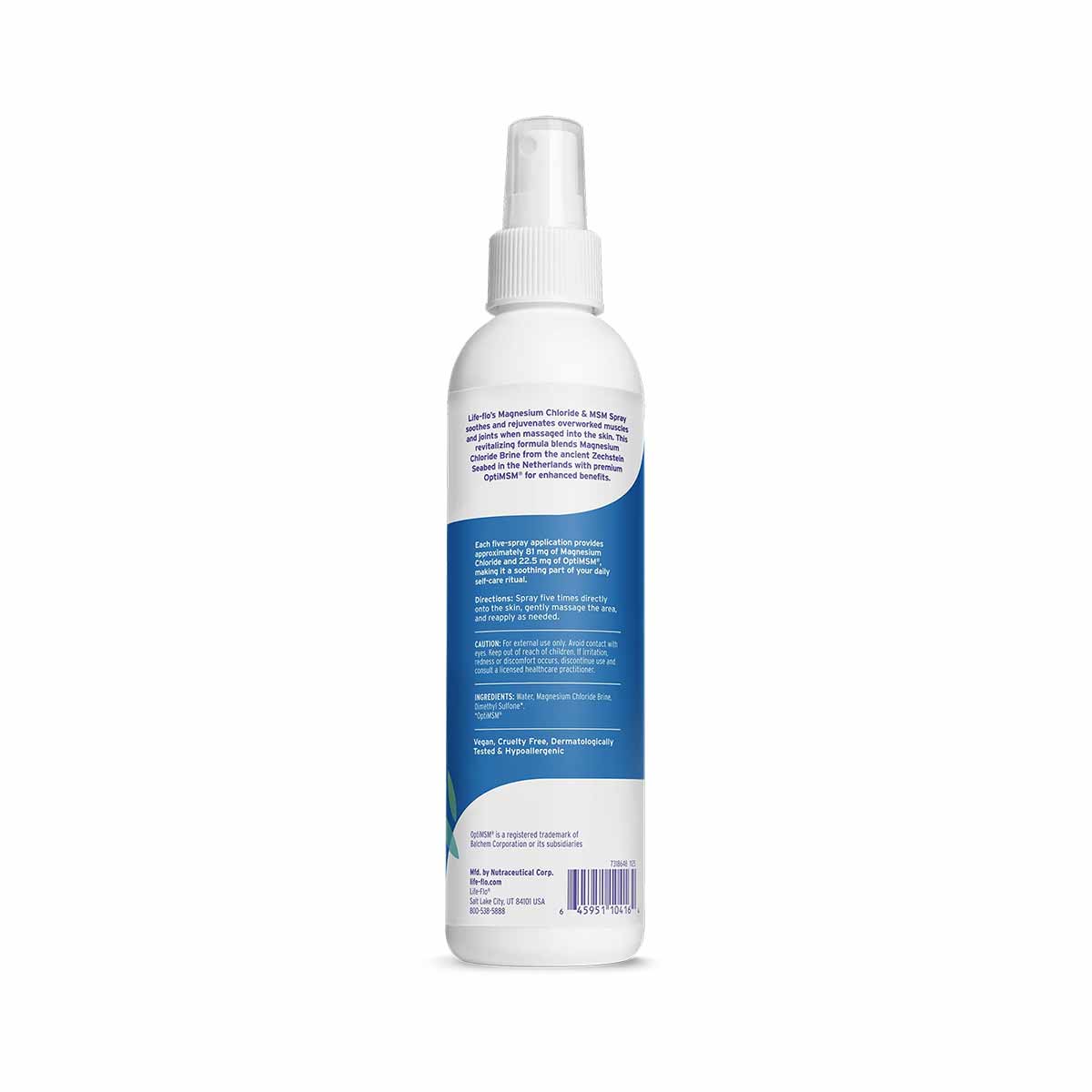 White spray bottle with white pump top and blue label containing product information and ingredients.
