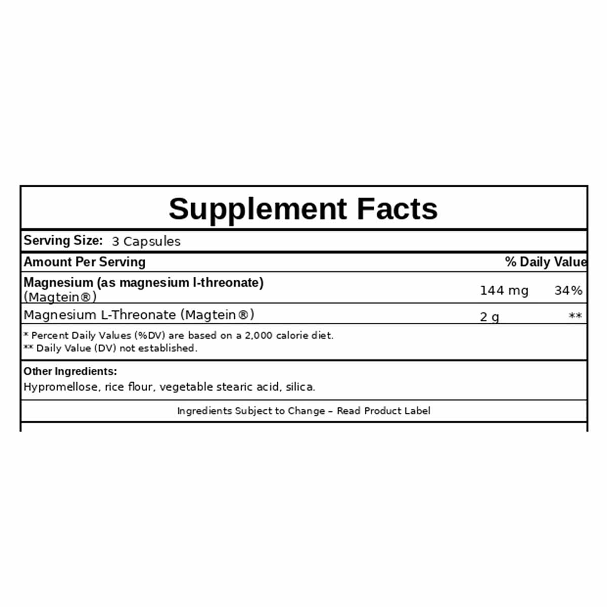 Supplement Facts label for Magtein Magnesium L-Threonate showing serving size, ingredients, and daily value information.