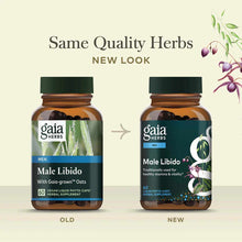 Two amber bottles with green caps showing old and new Gaia Herbs Male Libido packaging designs side by side.