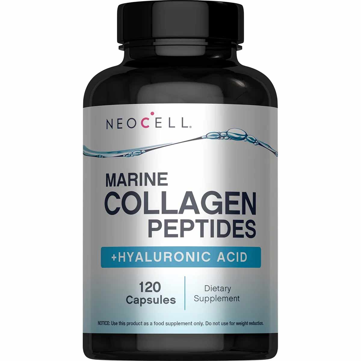 Black bottle with white and teal label reading "NeoCell Marine Collagen Peptides + Hyaluronic Acid, 120 Capsules, Dietary Sup