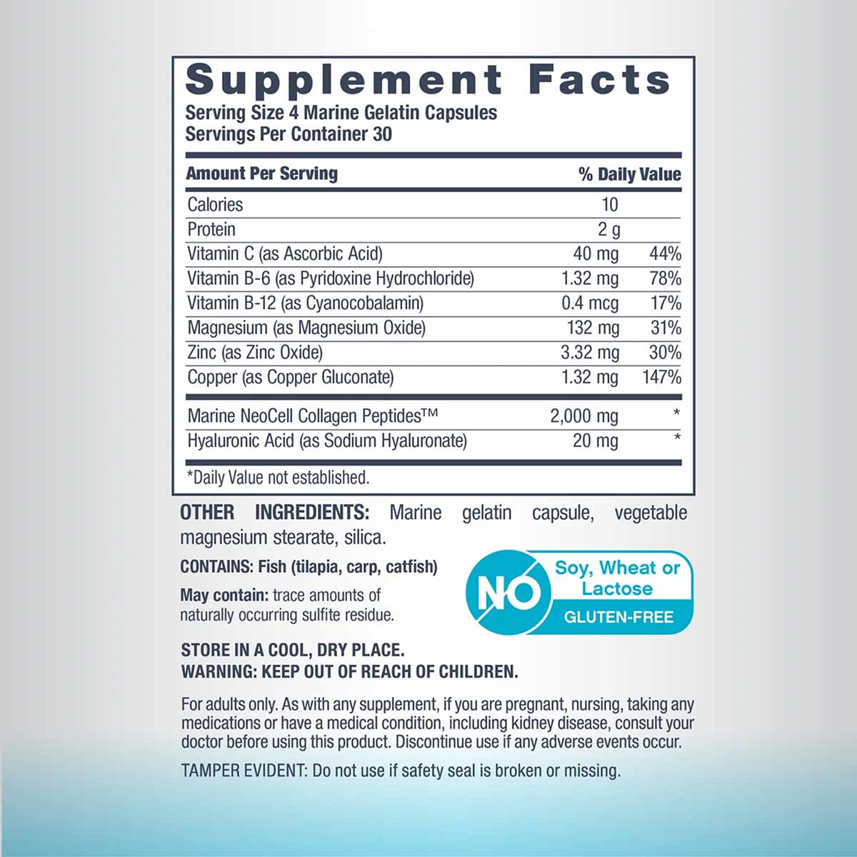 Supplement Facts label showing NeoCell Marine Collagen Peptides and Hyaluronic Acid with vitamins and minerals per serving.