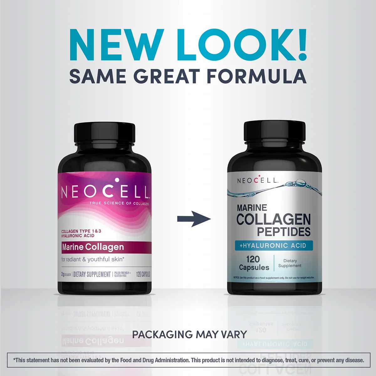 Two NeoCell supplement bottles showing old pink packaging on left and new black packaging on right, both labeled Marine Colla