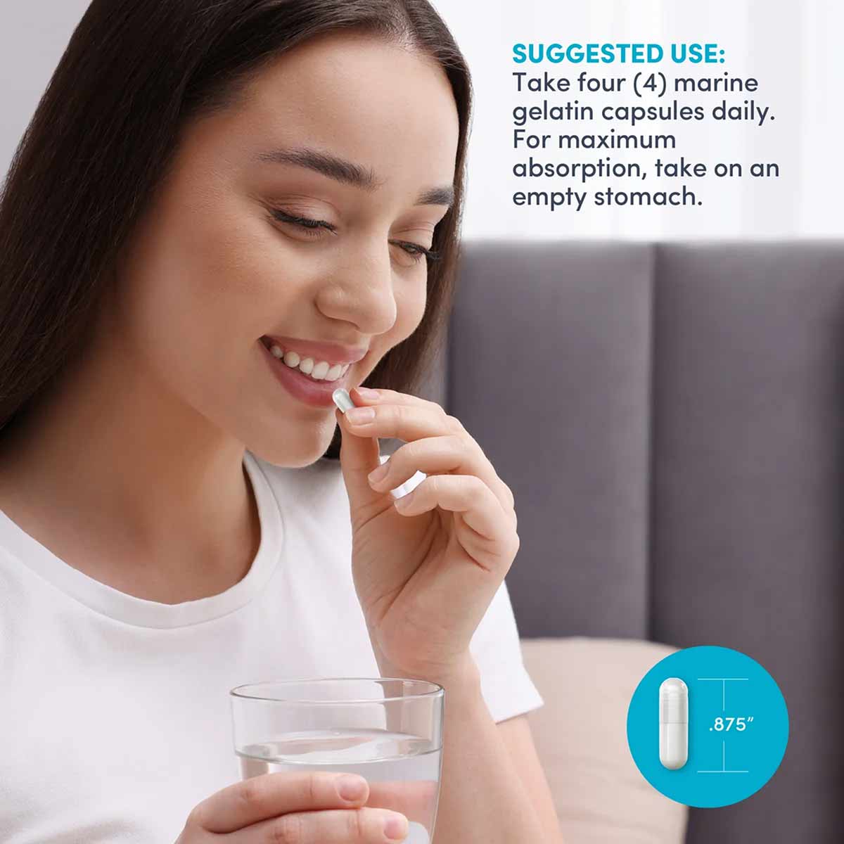 Woman taking a white capsule with a glass of water, with suggested usage instructions displayed.