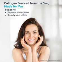 Woman with brown hair smiling while touching her face, with text describing marine collagen peptides and hyaluronic acid bene