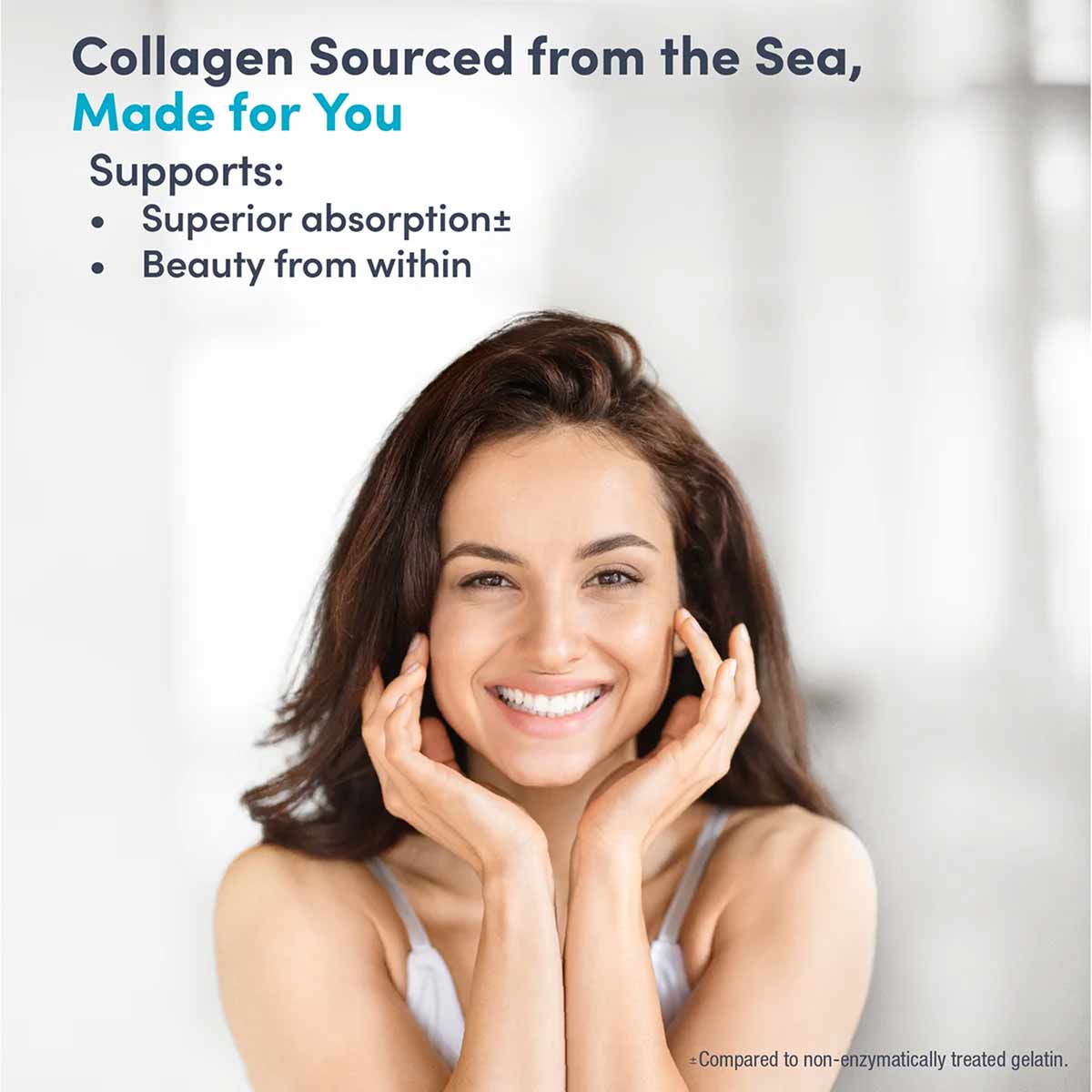 Woman with brown hair smiling while touching her face, with text describing marine collagen peptides and hyaluronic acid bene
