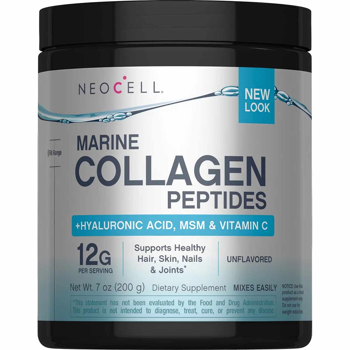NeoCell Marine Collagen Peptides powder in black and white container with blue accent band, 7 oz size, unflavored dietary sup