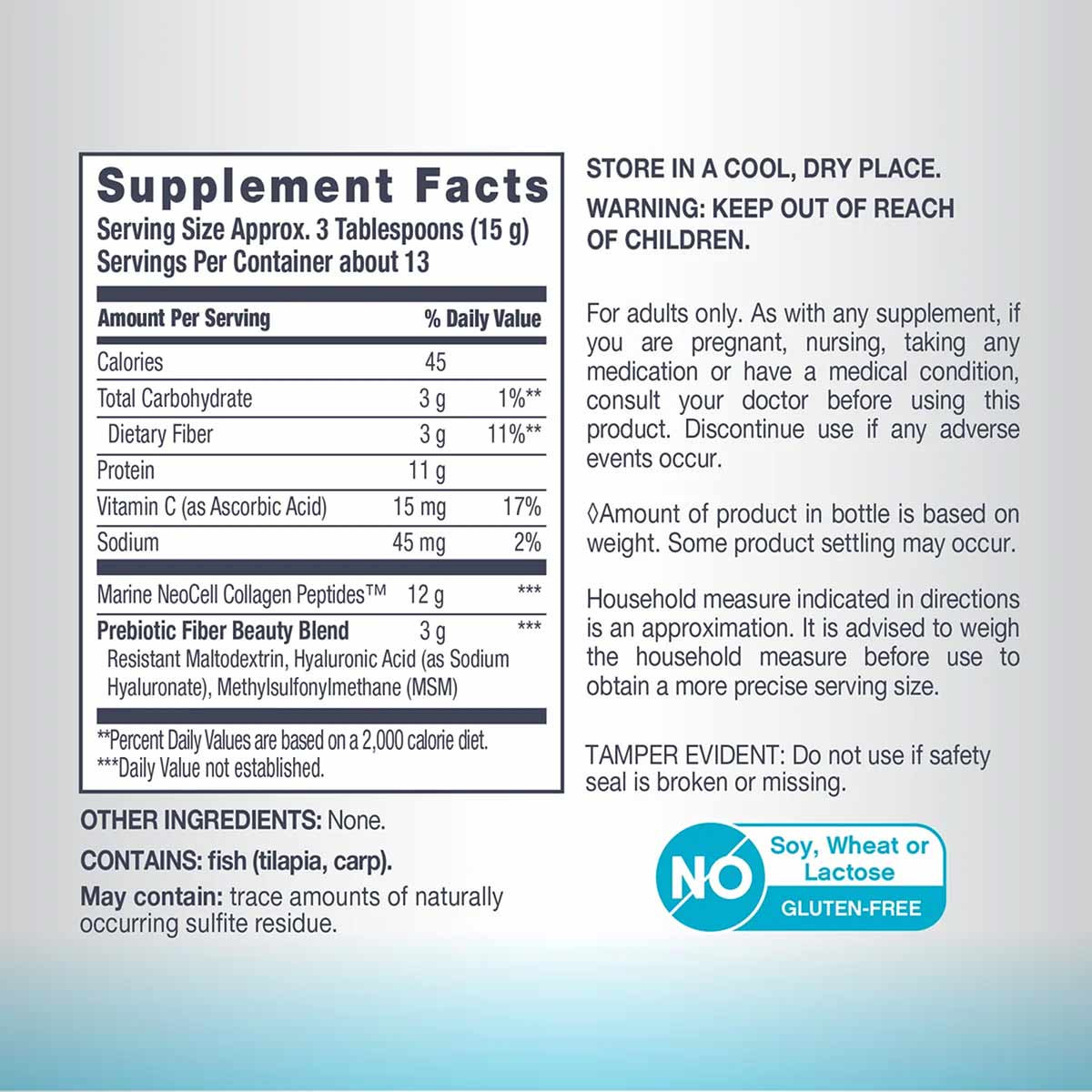 Supplement Facts label for NeoCell Marine Collagen Peptides with serving size, nutritional information, and storage warnings.