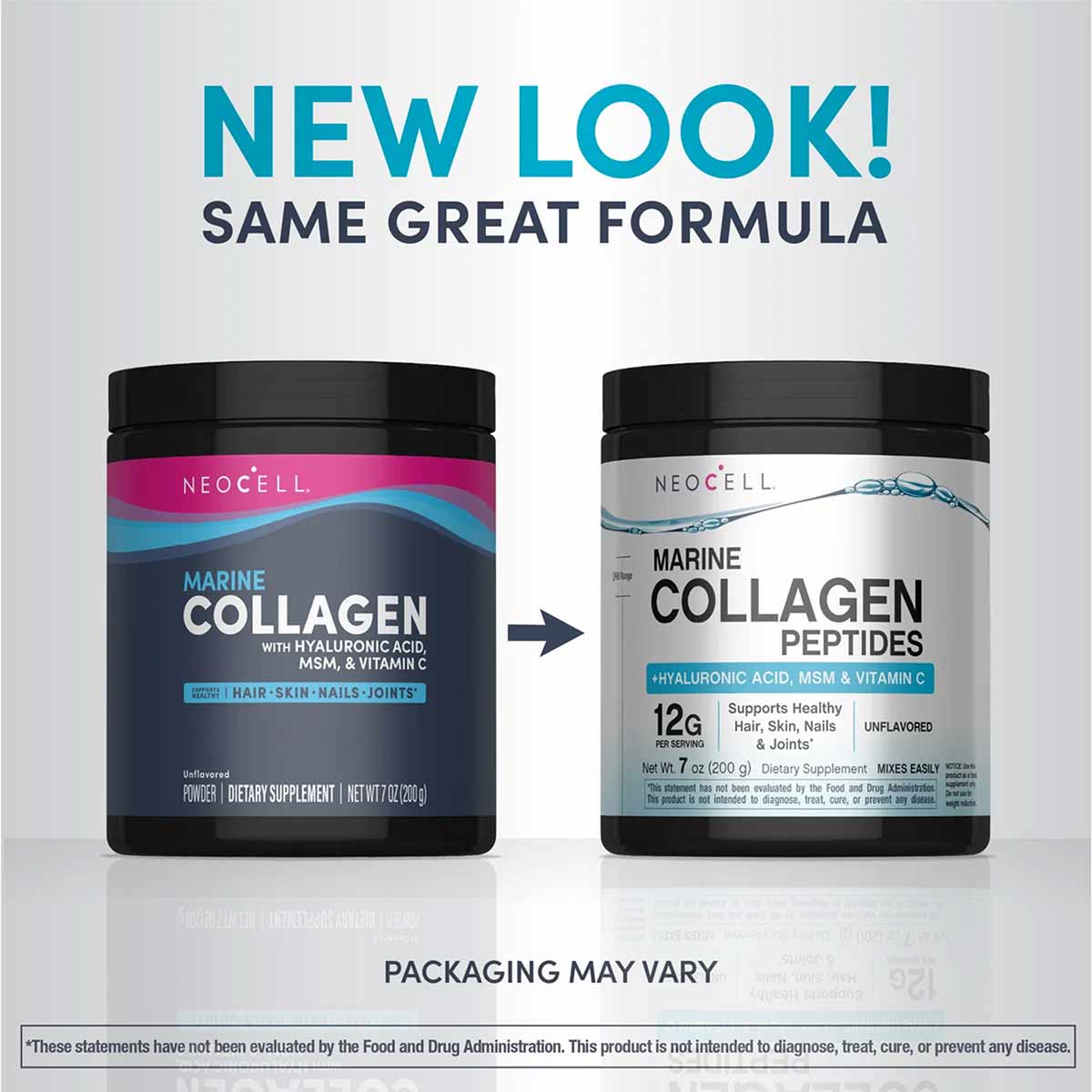 Two NeoCell Marine Collagen Peptides powder containers showing old and new packaging designs side by side.
