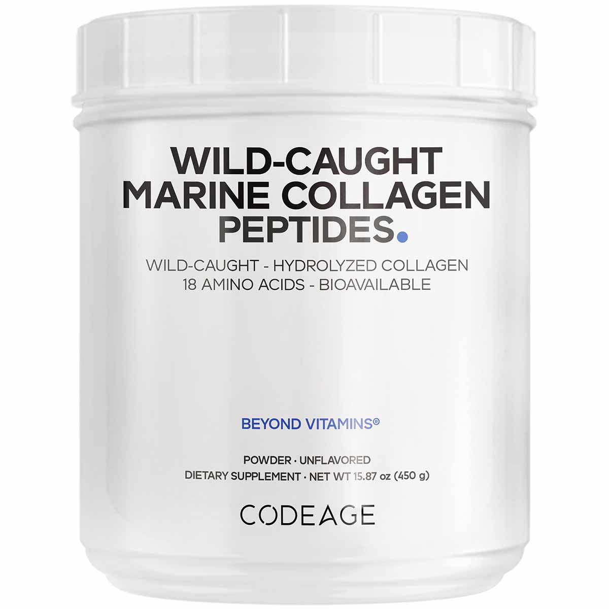 White cylindrical container of Codeage wild-caught marine collagen peptides powder, 15.87 oz, unflavored dietary supplement.