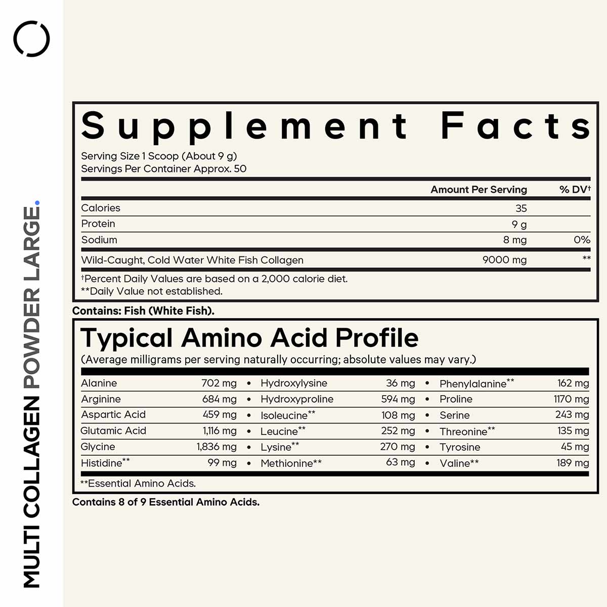 Supplement Facts label showing serving size, nutritional information, and amino acid profile for marine collagen peptides pow