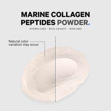 Marine collagen peptides powder in light tan color showing natural variation between darker and lighter shades.
