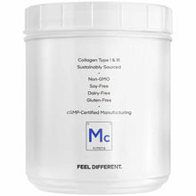 White plastic jar of marine collagen peptides powder with printed text listing product attributes and certifications.