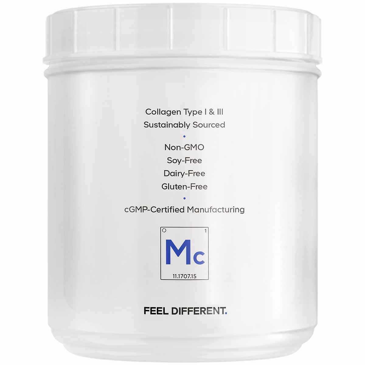 White plastic jar of marine collagen peptides powder with printed text listing product attributes and certifications.