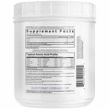 White plastic container of marine collagen peptides powder with supplement facts label and amino acid profile visible on back