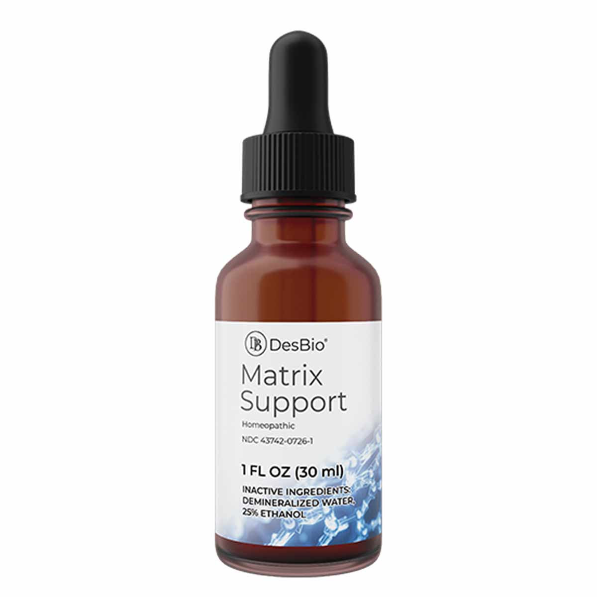 DesBio Matrix Support 1 FL oz bottle with dropper, amber glass, black cap and white label.