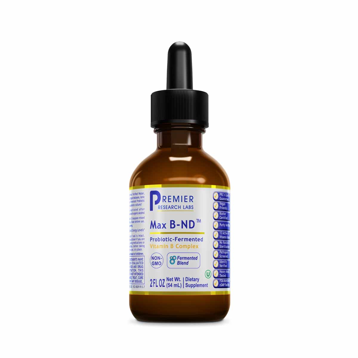 Brown glass bottle with black dropper cap containing Max B-ND Vitamin B Complex liquid supplement by Premier Research Labs, 2