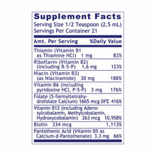 Supplement Facts label for B vitamin complex showing serving size, ingredients, and daily value percentages for thiamin, ribo