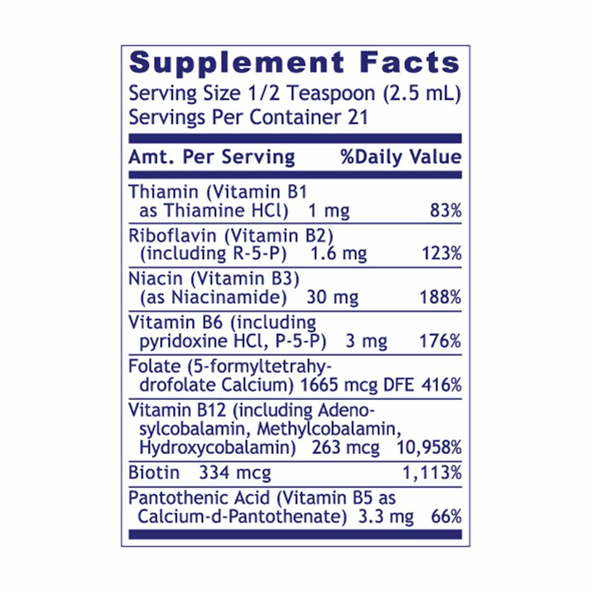 Supplement Facts label for B vitamin complex showing serving size, ingredients, and daily value percentages for thiamin, ribo