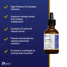 Brown glass dropper bottle of Max B-ND B Vitamin Complex by Premier Research Labs with black cap and product label on dark bl