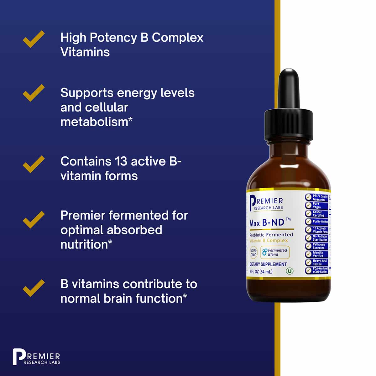 Brown glass dropper bottle of Max B-ND B Vitamin Complex by Premier Research Labs with black cap and product label on dark bl
