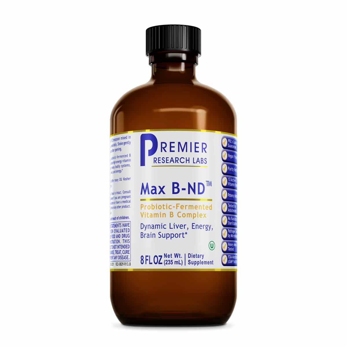 Brown glass bottle with black cap labeled "Max B-ND Probiotic-Fermented Vitamin B Complex" by Premier Research Labs, 8 fl oz.