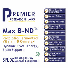 Max B-ND B Vitamin Complex bottle by Premier Research Labs with quality guarantee badges and product information labels.