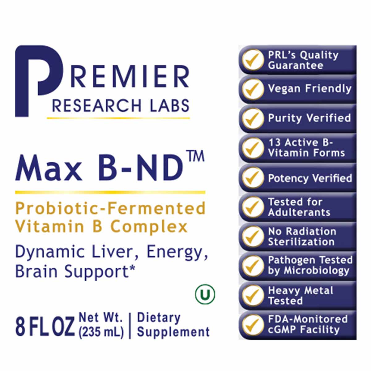 Max B-ND B Vitamin Complex bottle by Premier Research Labs with quality guarantee badges and product information labels.