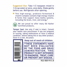 Back label of Max B-ND B Vitamin Complex bottle with usage instructions, OU Kosher seal, and FDA disclaimer text.