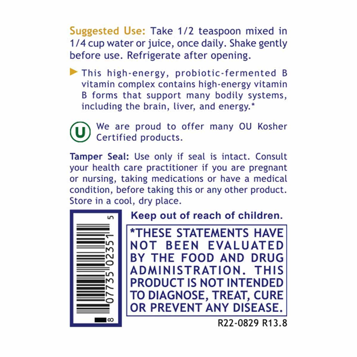 Back label of Max B-ND B Vitamin Complex bottle with usage instructions, OU Kosher seal, and FDA disclaimer text.